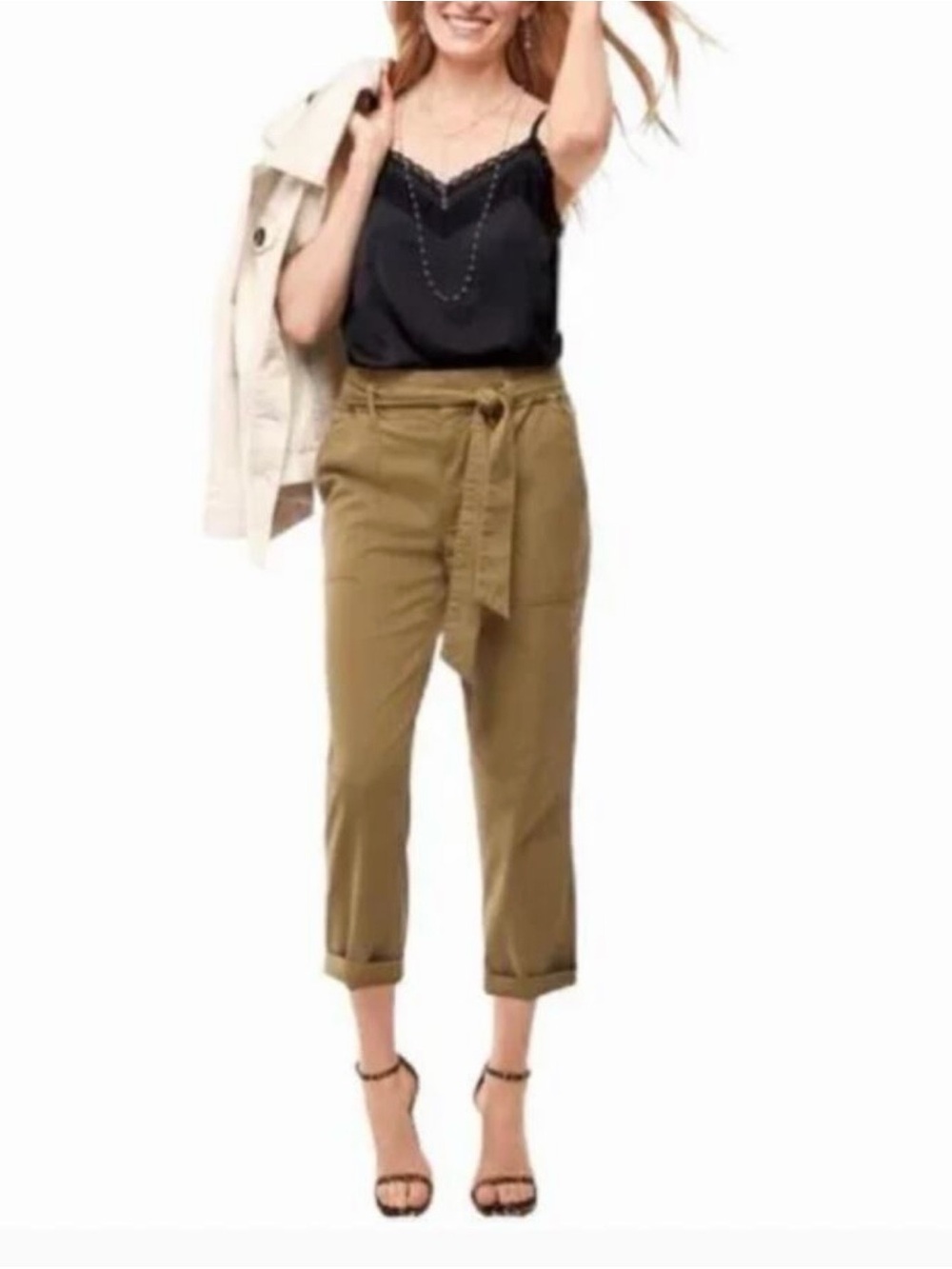 CAbi Discovery Paperbag Waist Cropped Tie-Belt Pants brown size 6